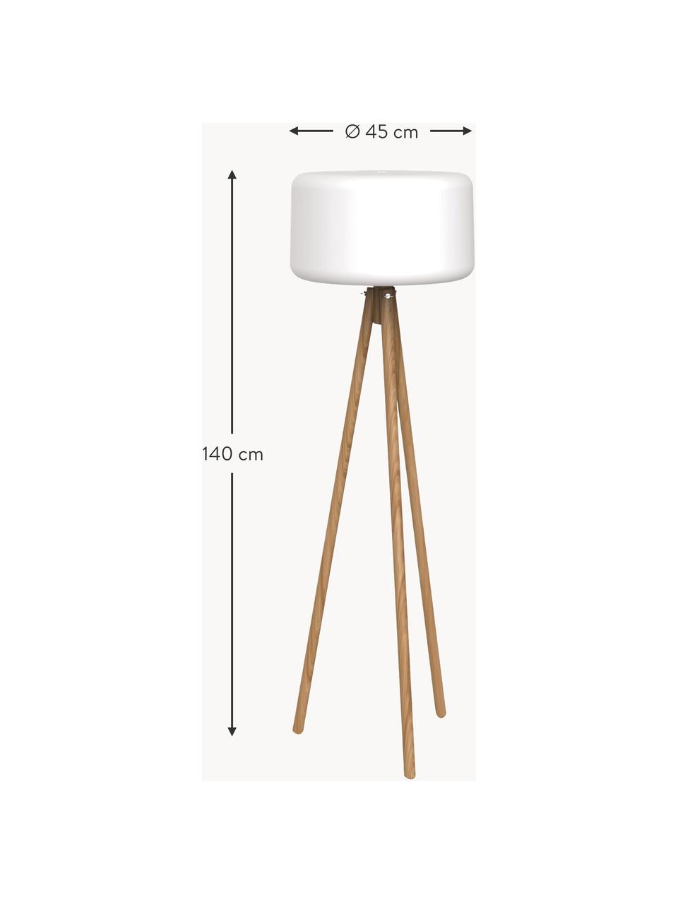 Lámpara trípode regulable LED para exterior Chloe, con enchufe, Pantalla: polietileno, Patas: madera de haya, Cable: cáñamo, Blanco, madera de haya, Ø 45 x Al 140 cm