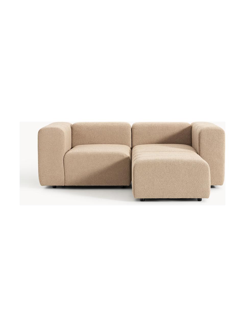 Modulares Bouclé-Sofa Lena (3-Sitzer) mit Hocker (links/rechts), Bezug: Bouclé (93 % Polyester, 6, Gestell: Buchenholz, Spanplatte, H, Füße: Kunststoff, Bouclé Beige, B 211 x T 181 cm