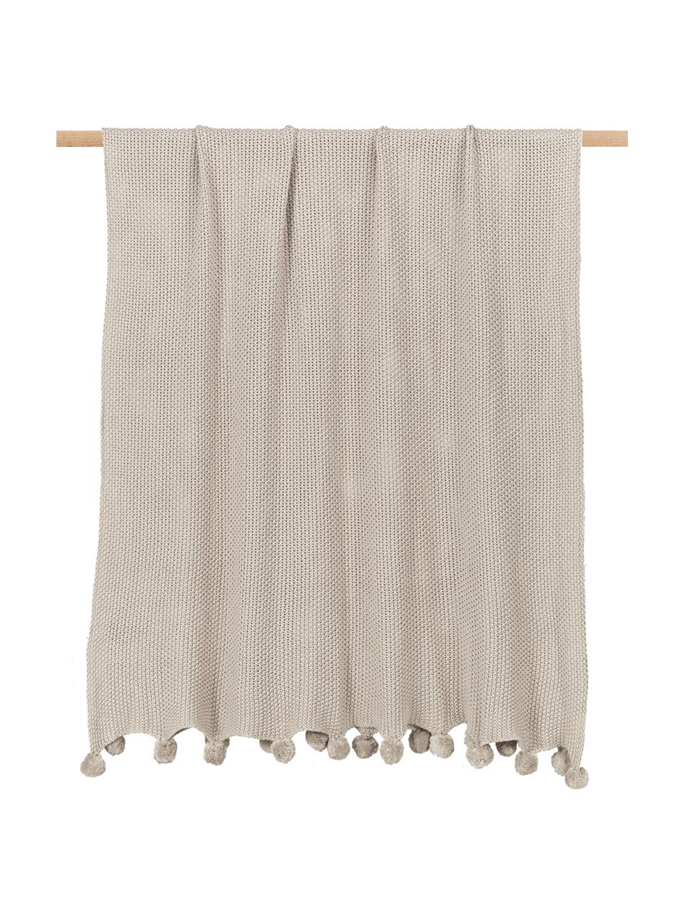 Coperta a maglia beige con pompon Molly, 100% cotone, Beige, Larg. 130 x Lung. 170 cm