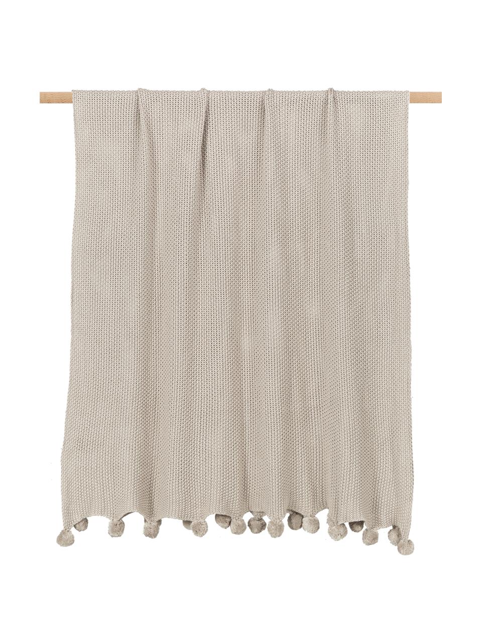 Koc z dzianiny z pomponami Molly, 100% bawełna, Beżowy, S 130 x D 170 cm
