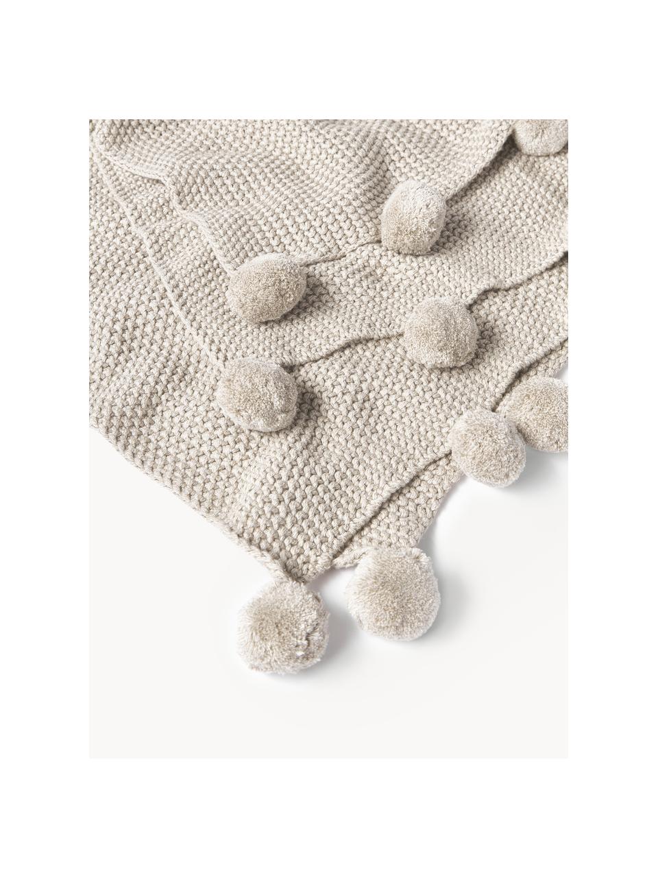 Coperta a maglia con pompon Molly, 100% cotone, Beige chiaro, Larg. 130 x Lung. 170 cm