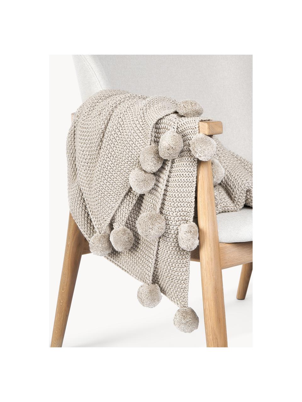 Coperta a maglia con pompon Molly, 100% cotone, Beige chiaro, Larg. 130 x Lung. 170 cm