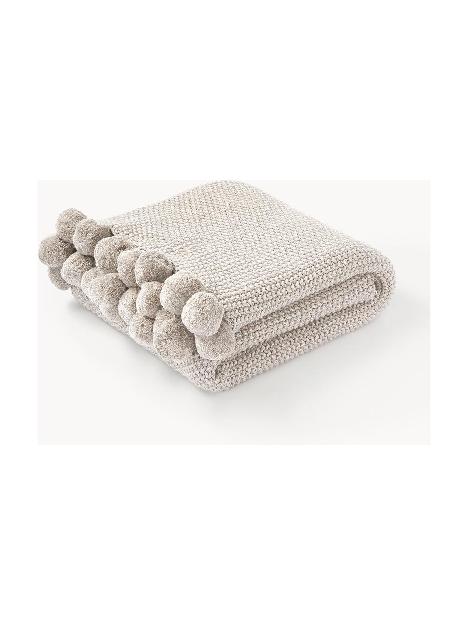 Coperta a maglia con pompon Molly, 100% cotone, Beige chiaro, Larg. 130 x Lung. 170 cm