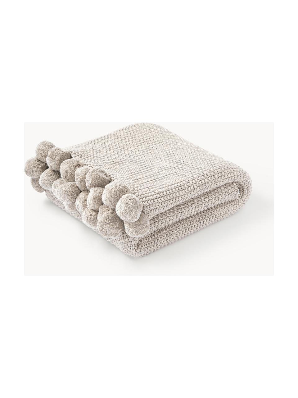 Strickdecke Molly mit Pompoms, 100% Baumwolle, Hellbeige, B 130 x L 170 cm