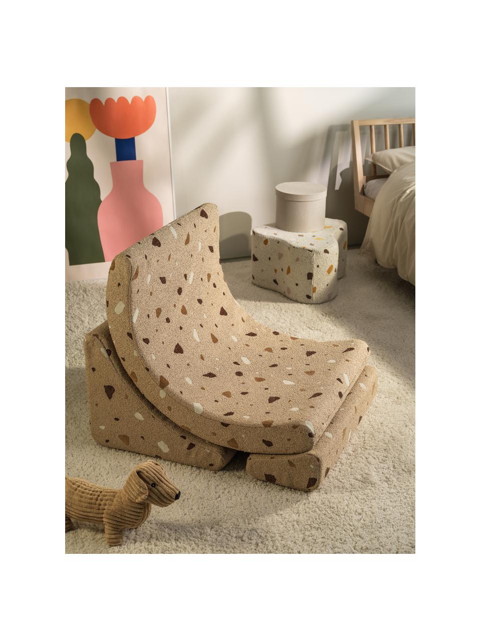 Handgefertigter Bouclé-Kindersessel Moon, Bouclé Beige, Terrazzo-Optik, B 55 x T 80 cm