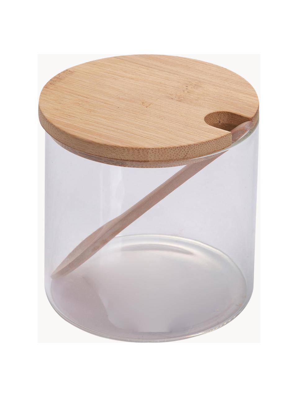 Zuccheriera con cucchiaio Len, Contenitore: vetro borosilicato, Trasparente, legno chiaro, Ø 10 x Alt. 10 cm