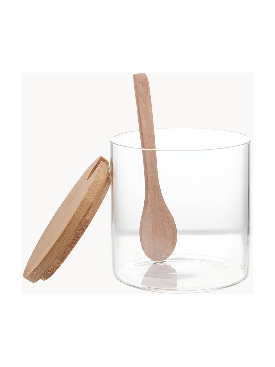 Suikerpot Len met lepel, Pot: borosilicaatglas, Transparant, helder hout, Ø 10 x H 10 cm