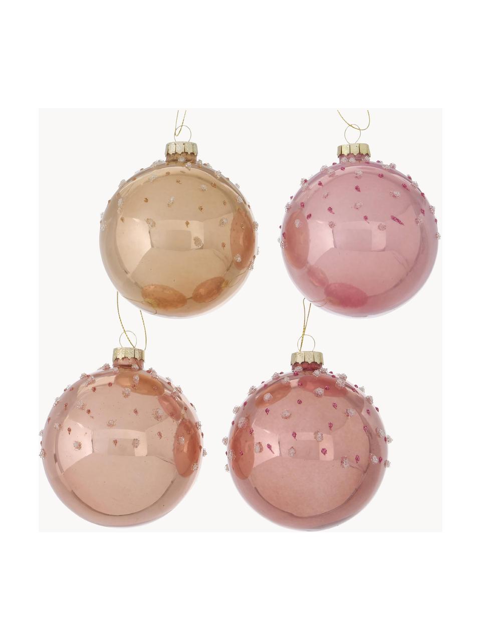 Handgemaakte kerstballen Tilly, 12-delig, Oudroze, lichtbeige, goudkleurig, Ø 8 cm