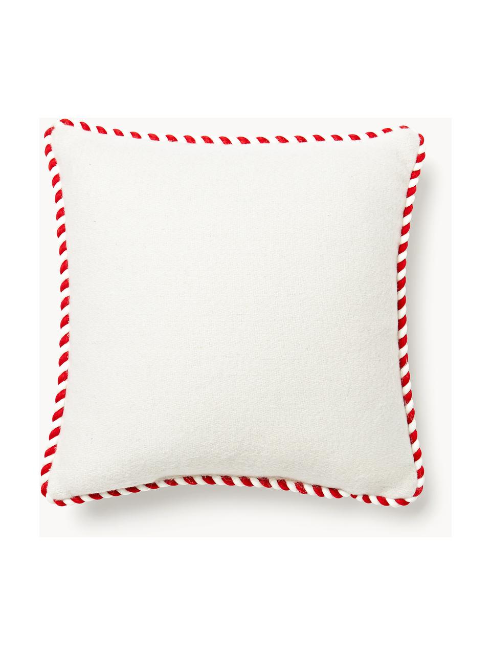 Coussin décoratif en laine avec motif hivernal Jova, Blanc cassé, rouge, larg. 33 x long. 33 cm