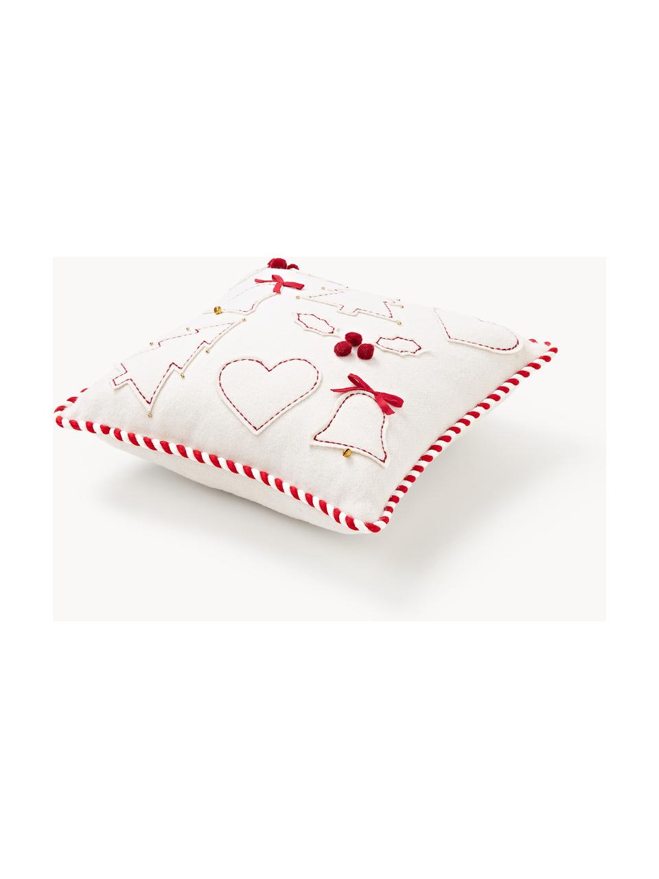 Cuscino decorativo in lana con motivo invernale Jova, Bianco latte, rosso, Larg. 33 x Lung. 33 cm