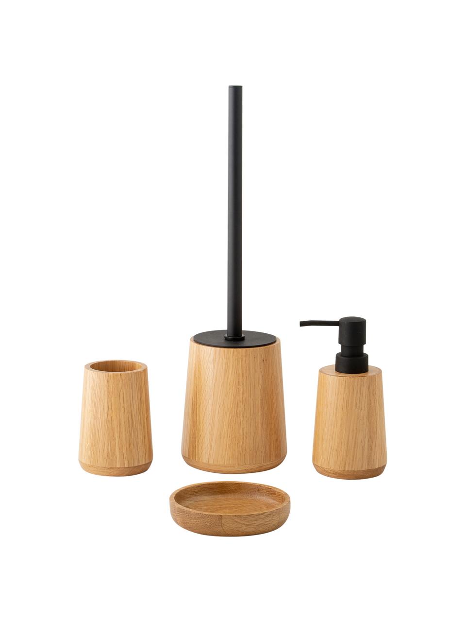 Dispenser sapone Battersea, Contenitore: legno di quercia, Testa della pompa: plastica, Legno di quercia, nero, Ø 8 x Alt. 17 cm