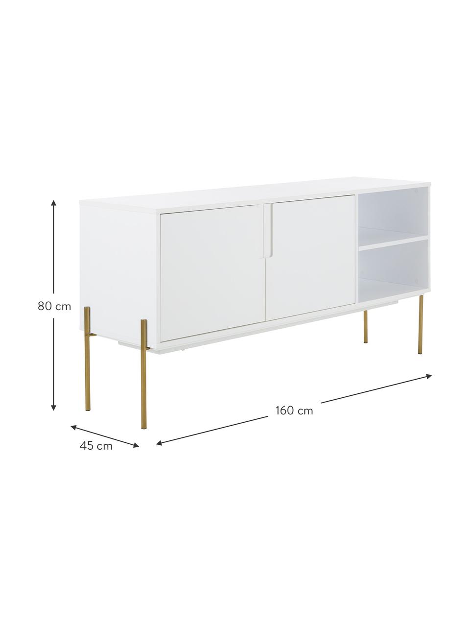 Sideboard Jesper mit Türen in Weiß, Korpus: Mitteldichte Holzfaserpla, Füße: Metall, lackiert, Korpus: Weiß Füße: Goldfarben, glänzend, B 160 x H 80 cm
