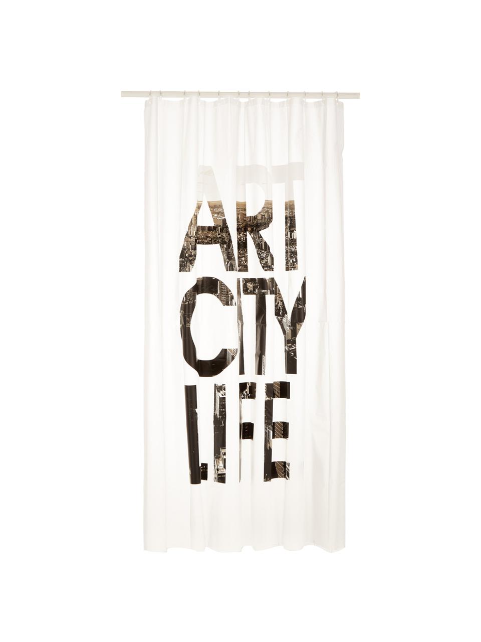 Rideau de douche blanc avec lettrage Art City Life, Blanc, noir, gris