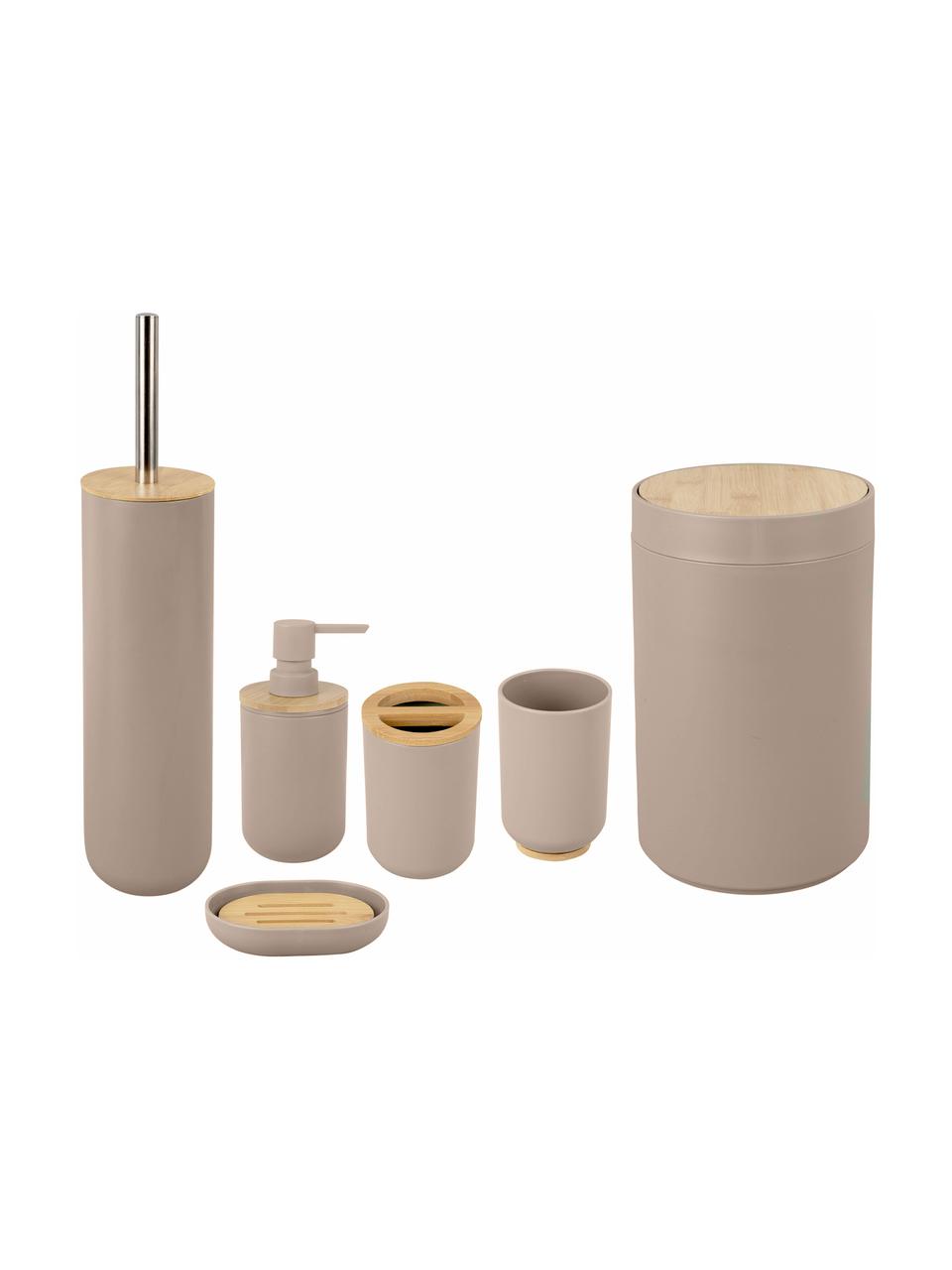 Badkamer accessoiresset Decent in beige, 6-delig, Houder: polypropyleen, Deksel: bamboe, Beige, helder hout, Set met verschillende formaten