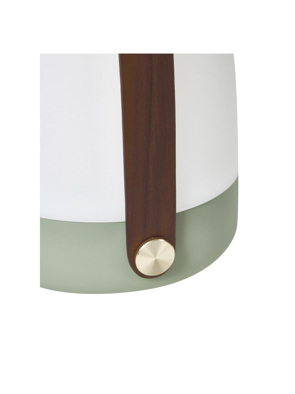 Lámpara de mesa regulable para exterior Lite-up, portátil, Pantalla: plástico, Estructura: madera, silicona, Asa: madera, Cable: plástico, Verde oliva, Ø 20 x Al 26 cm