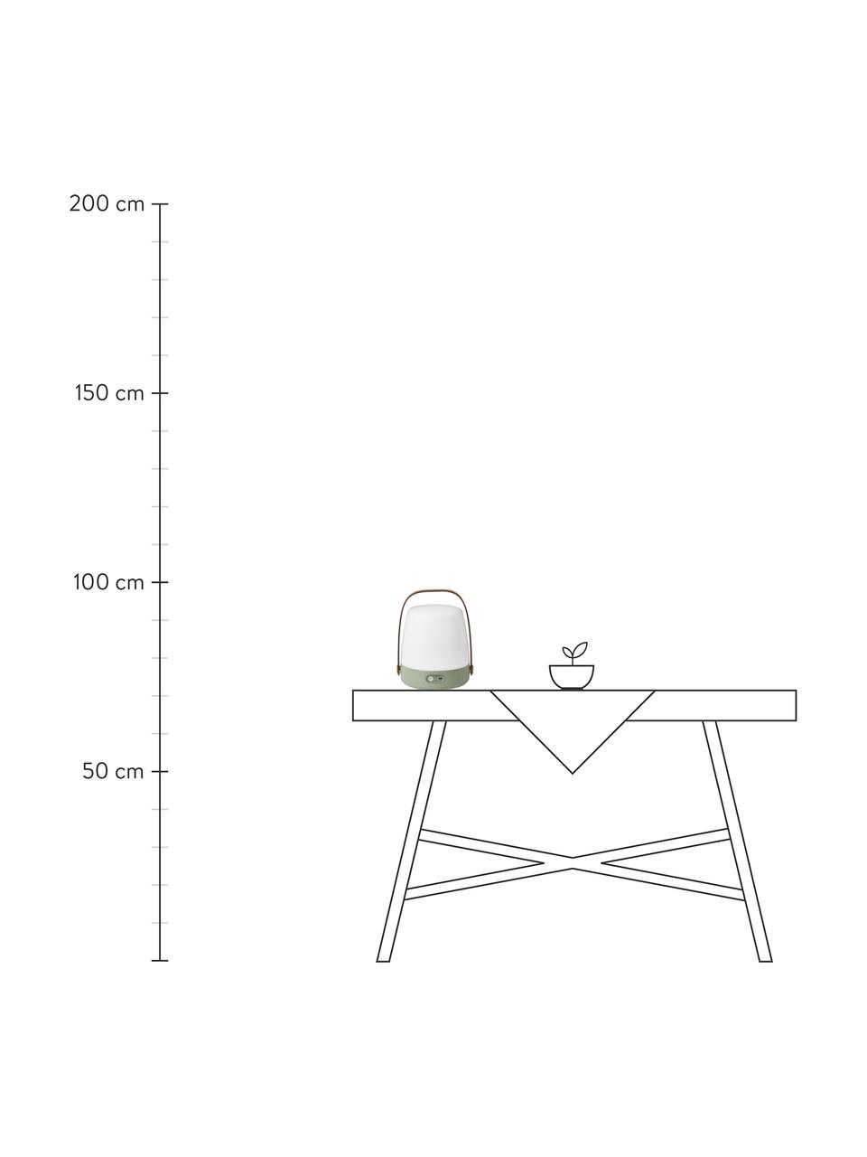 Lámpara de mesa regulable para exterior Lite-up, portátil, Pantalla: plástico, Estructura: madera, silicona, Asa: madera, Cable: plástico, Verde oliva, Ø 20 x Al 26 cm