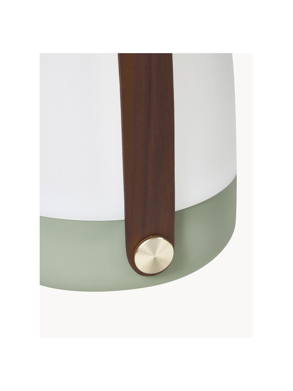 Lámpara de mesa regulable para exterior Lite-up, portátil, Pantalla: plástico, Estructura: madera, silicona, Asa: madera, Cable: plástico, Verde oliva, Ø 20 x Al 26 cm