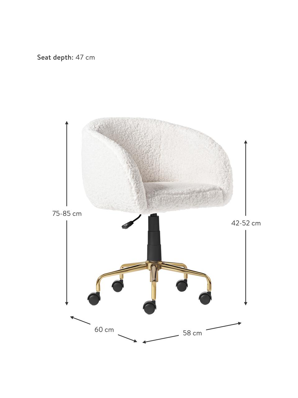 Teddy-Schreibtischstuhl Emmie, höhenverstellbar, Bezug: 100 % Polyester (Teddyfel, Gestell: Metall, beschichtet, Teddy Weiß, Goldfarben, B 58 x T 60 cm