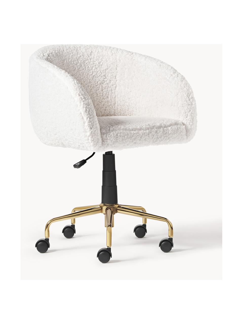 Sedia da scrivania in teddy Emmie, regolabile in altezza, Rivestimento: 100% poliestere (teddy) I, Rivestimento: schiuma, Gambe: metallo rivestito, Teddy bianco crema, dorato, Larg. 58 x Prof. 60 cm