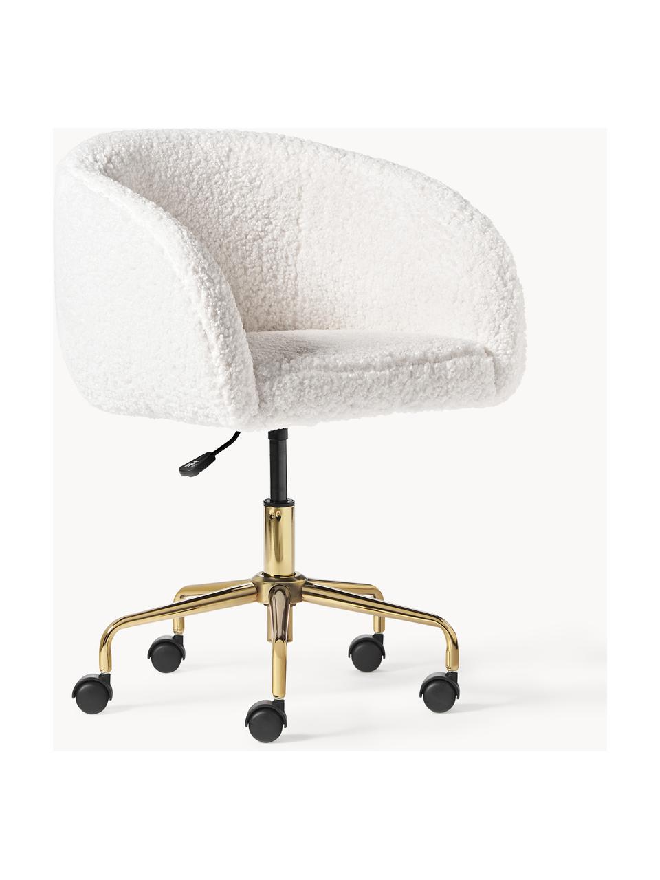 Chaise de bureau en peluche Emmie, hauteur réglable, Peluche blanc crème, cadre doré, larg. 58 x prof. 60 cm