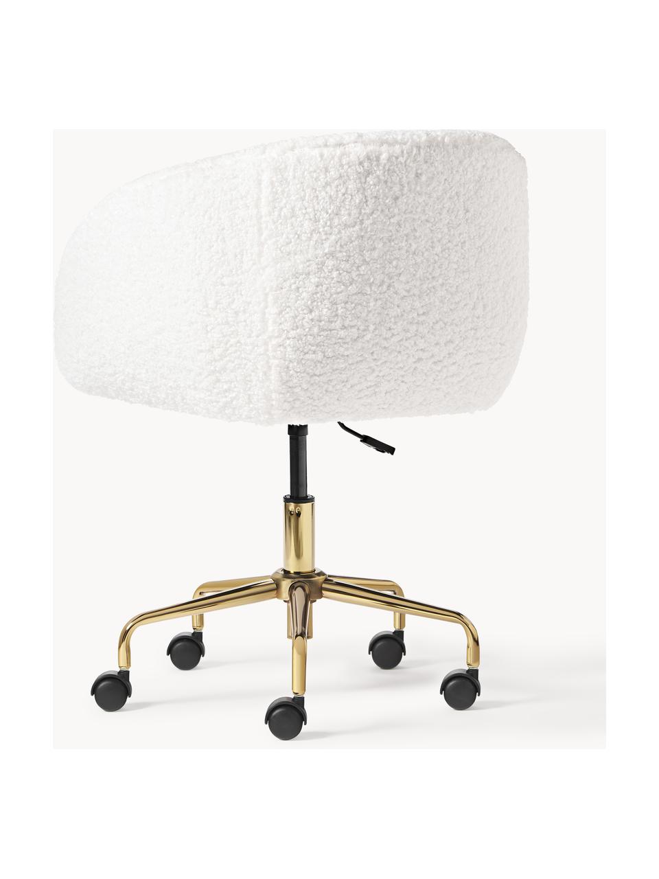 Chaise de bureau en peluche Emmie, hauteur réglable, Peluche blanc crème, cadre doré, larg. 58 x prof. 60 cm