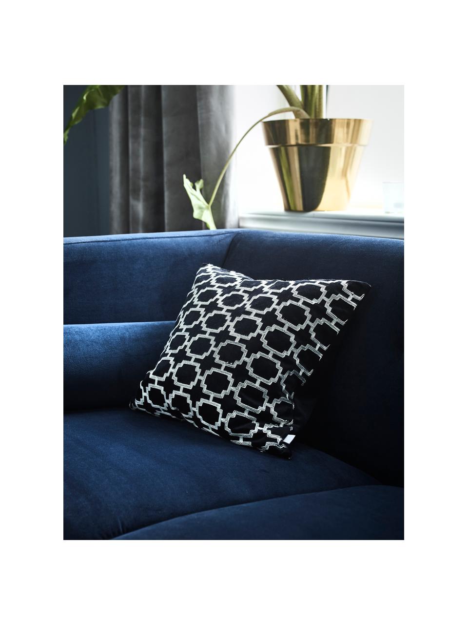 Housse de coussin 43x43 velours brodé bleu foncé Simone, Bleu foncé, blanc cassé