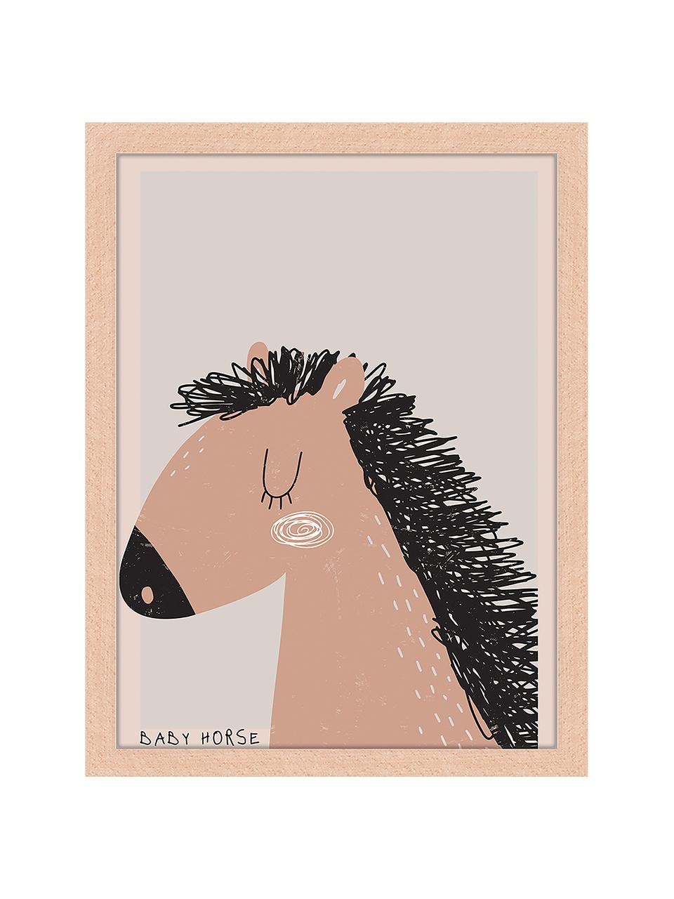 Ingelijste digitale print Baby Horse, Lijst: beukenhout FSC-gecertific, Afbeelding: digitale print op papier,, Licht hout, lichtgrijs, nougat, B 33 x H 43 cm