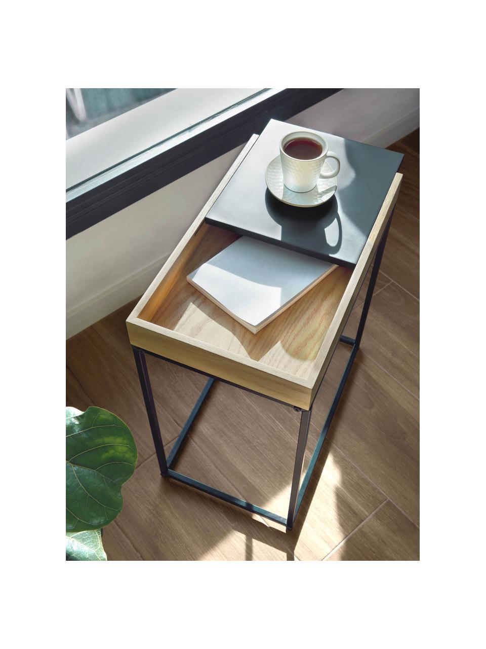 Pomocný stolík s posuvným vrchnákom Detail, Dubové drevo, čierna, Š 50 x H 30 cm