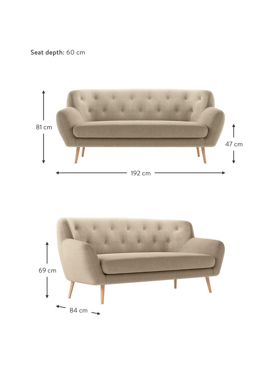 Sofa Mica (3-sobowa), Tapicerka: poliester imitujący len D, Stelaż: lite drewno sosnowe, skle, Nogi: drewno brzozowe, Beżowy, S 192 x G 84 cm