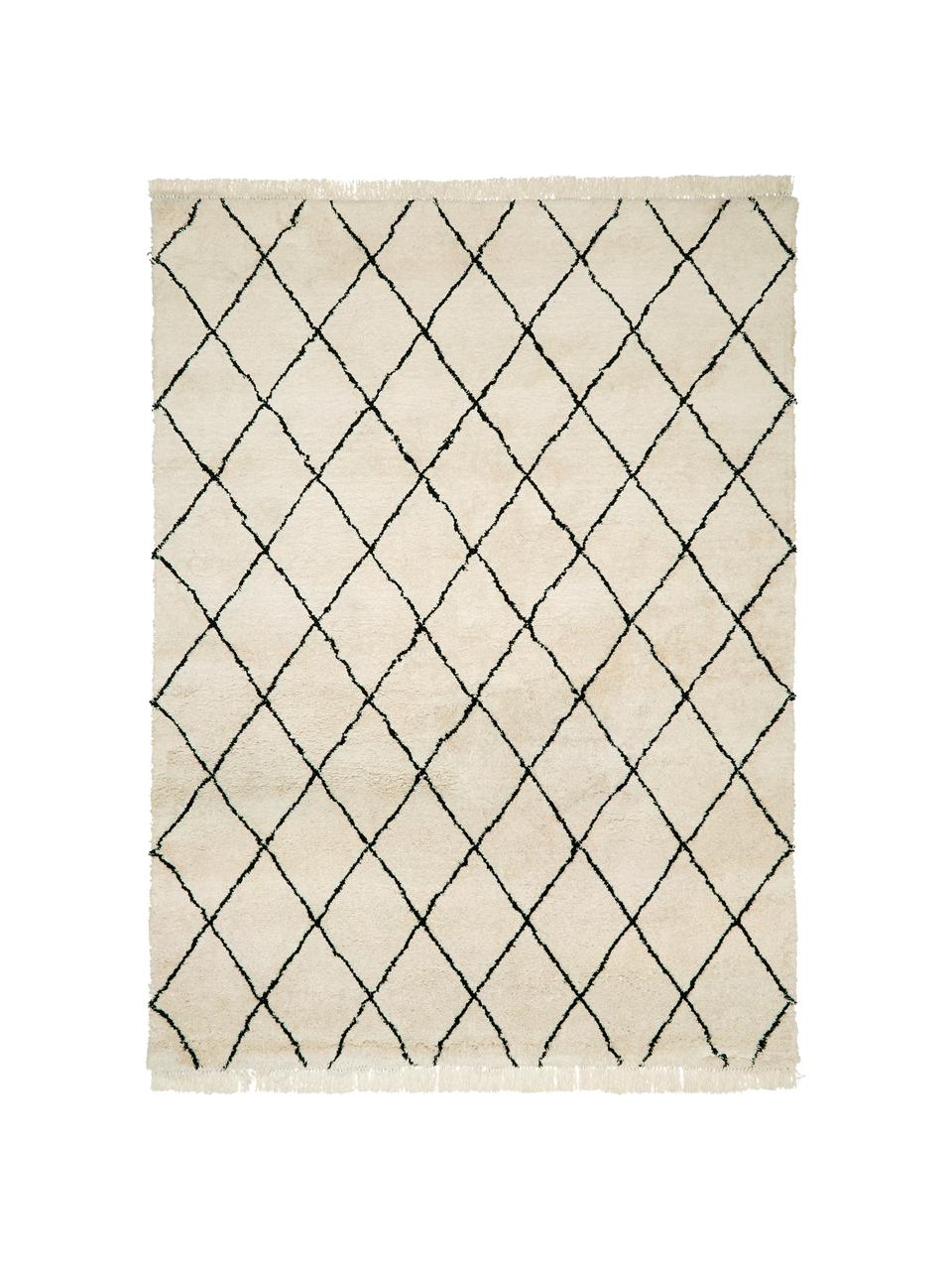 Flauschiger Hochflor-Teppich Naima mit Fransen, handgetuftet, Flor: 100 % Polyester, Cremeweiß, Schwarz, B 300 x L 400 cm (Größe XL)