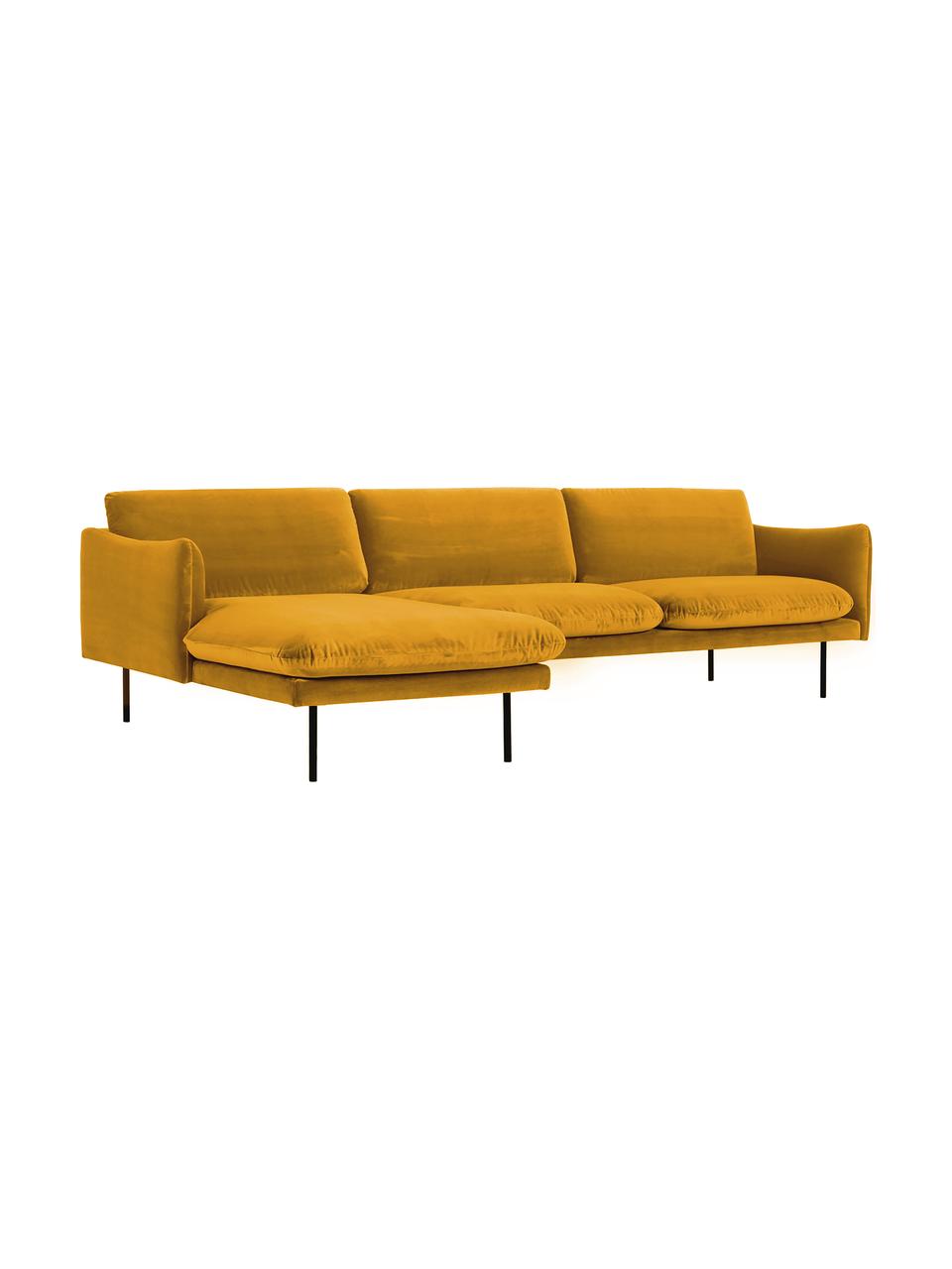 Sofá rinconera de terciopelo Moby, Tapizado: terciopelo (poliéster de , Estructura: madera de pino maciza, Patas: metal con pintura en polv, Terciopelo mostaza, An 280 x F 160 cm, chaise longue izquierda
