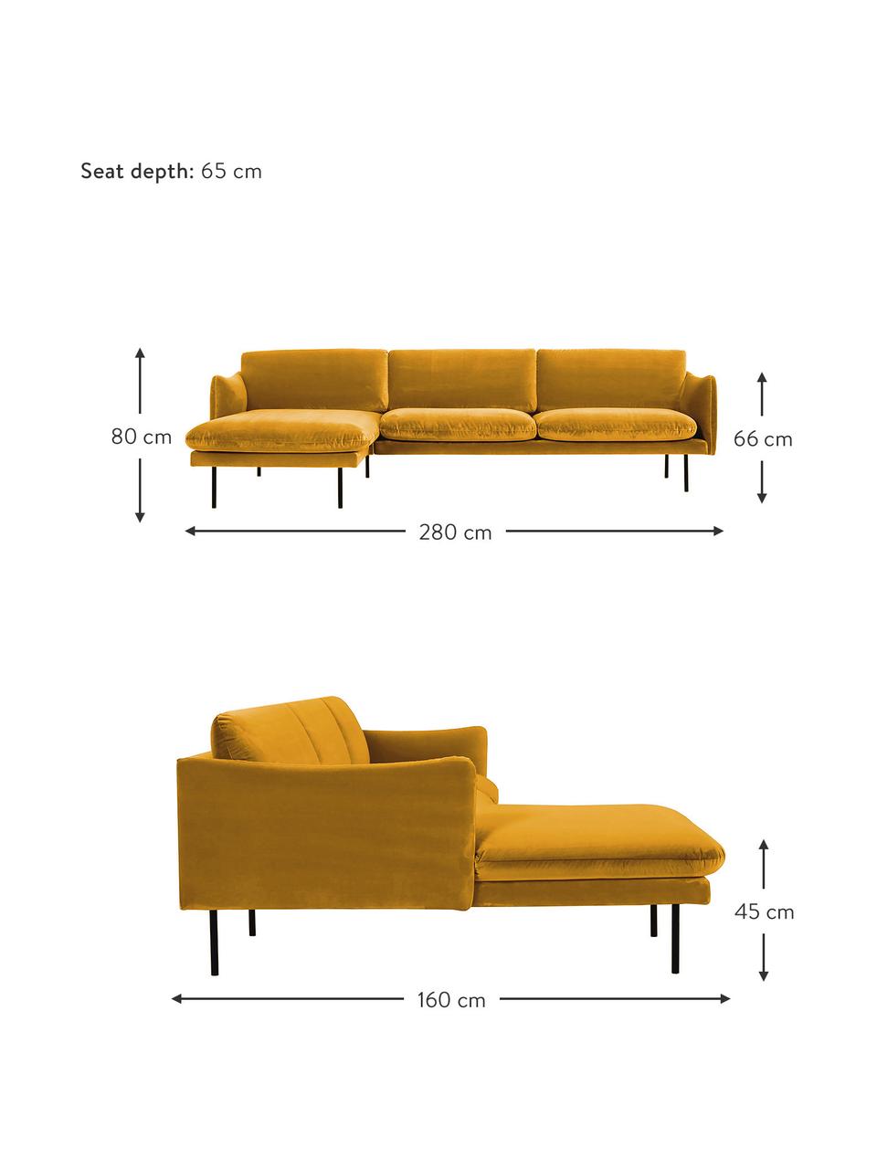 Canapé d'angle velours jaune moutarde pieds en métal Moby, Velours jaune moutarde, larg. 280 x prof. 160 cm, méridienne à gauche