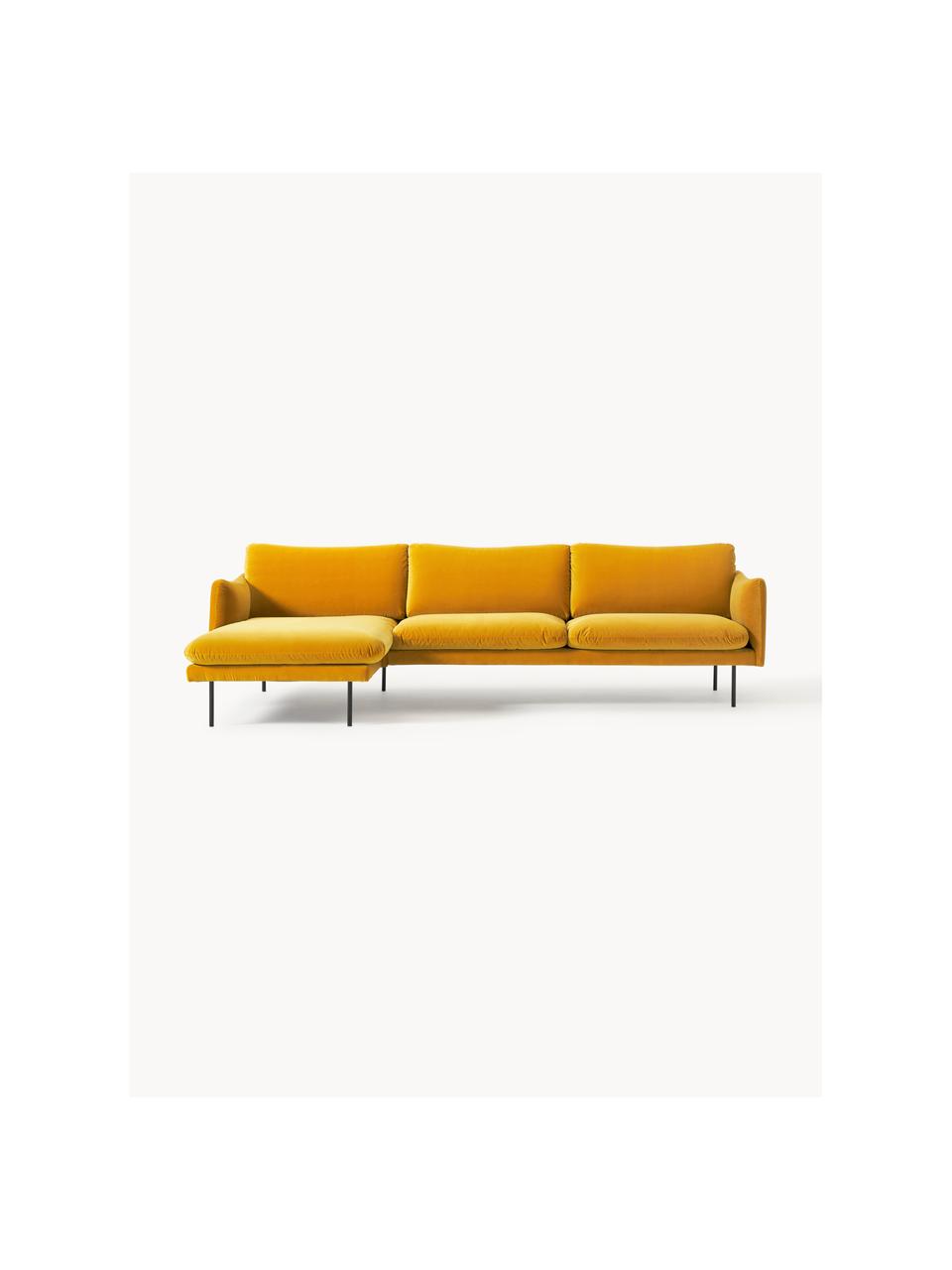 Divano angolare in velluto Moby, Rivestimento: velluto (rivestimento in , Struttura: legno di pino massiccio, Piedini: metallo verniciato a polv, Velluto giallo senape, Larg. 280 x Prof. 160 cm, chaise longue a destra