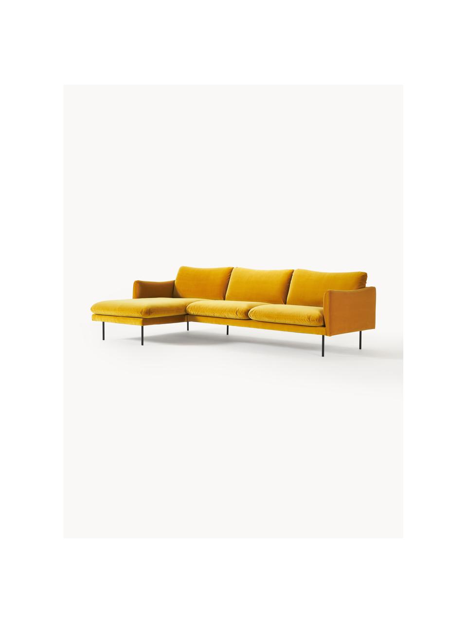 Divano angolare in velluto Moby, Rivestimento: velluto (rivestimento in , Struttura: legno di pino massiccio, Piedini: metallo verniciato a polv, Velluto giallo senape, Larg. 280 x Prof. 160 cm, chaise longue a destra