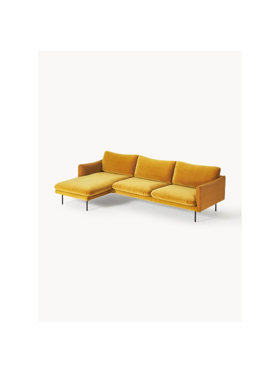 Divano angolare in velluto Moby, Rivestimento: velluto (rivestimento in , Struttura: legno di pino massiccio, Piedini: metallo verniciato a polv, Velluto giallo senape, Larg. 280 x Prof. 160 cm, chaise longue a destra