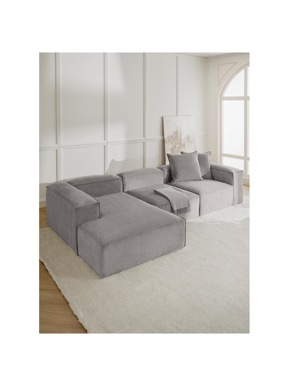 Modulaire hoekbank Lennon van corduroy, Bekleding: corduroy (92% polyester, , Frame: massief grenenhout, FSC-g, Poten: kunststof De poten bevind, Corduroy grijs, B 327 x D 180 cm, hoekdeel links