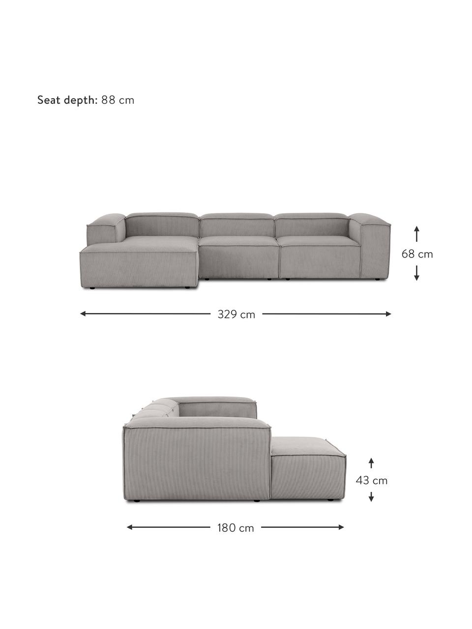 Divano angolare componibile in velluto a coste Lennon, Rivestimento: velluto a coste (92% poli, Struttura: legno di pino massiccio, , Piedini: plastica, Velluto a coste grigio, Larg. 327 x Prof. 180 cm, chaise-longue a sinistra