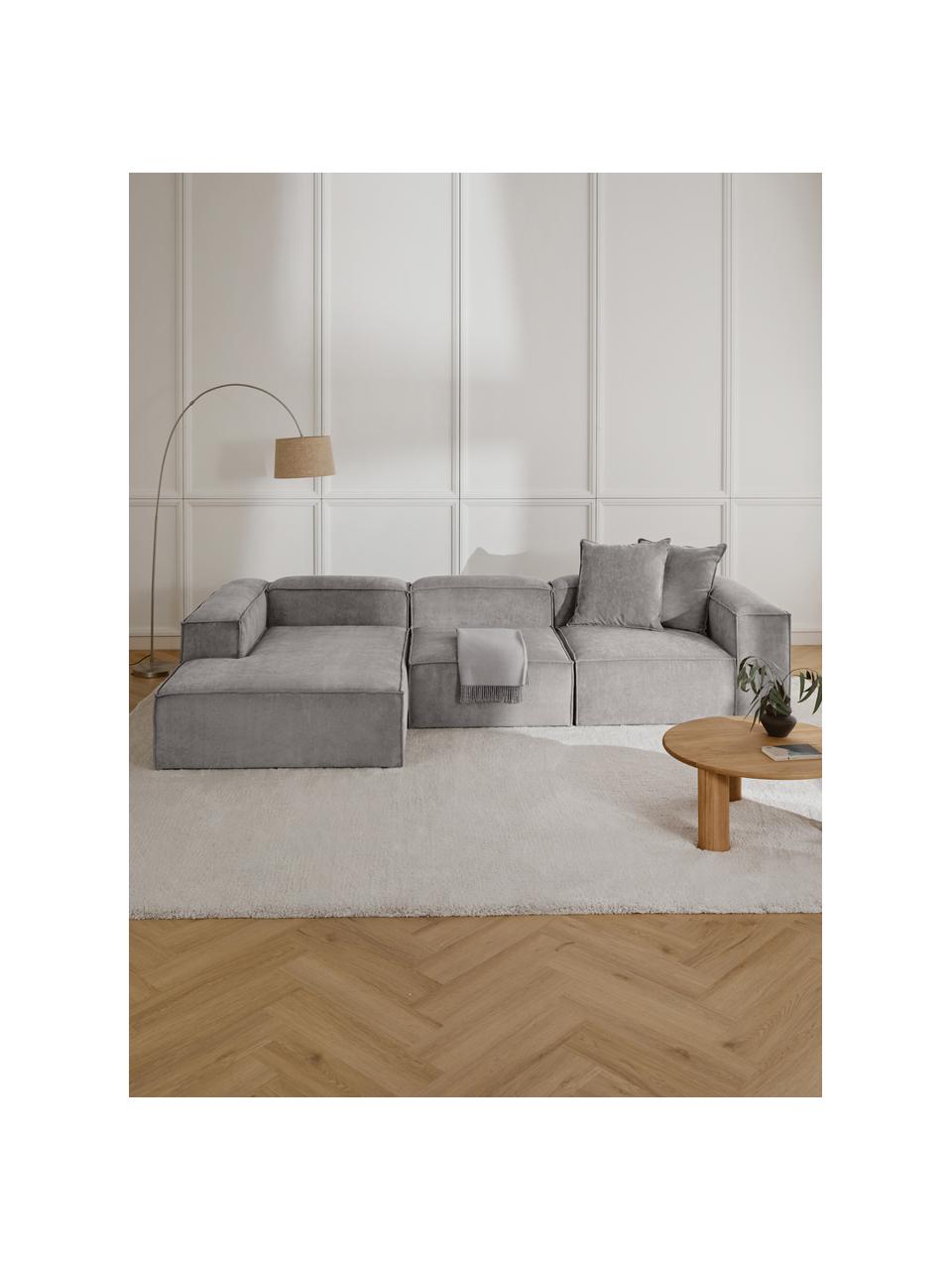 Modulares Ecksofa Lennon aus Cord, Bezug: Cord (92 % Polyester, 8 %, Gestell: Massives Kiefernholz, Spe, Cord Grau, B 327 x T 180 cm, Eckteil links