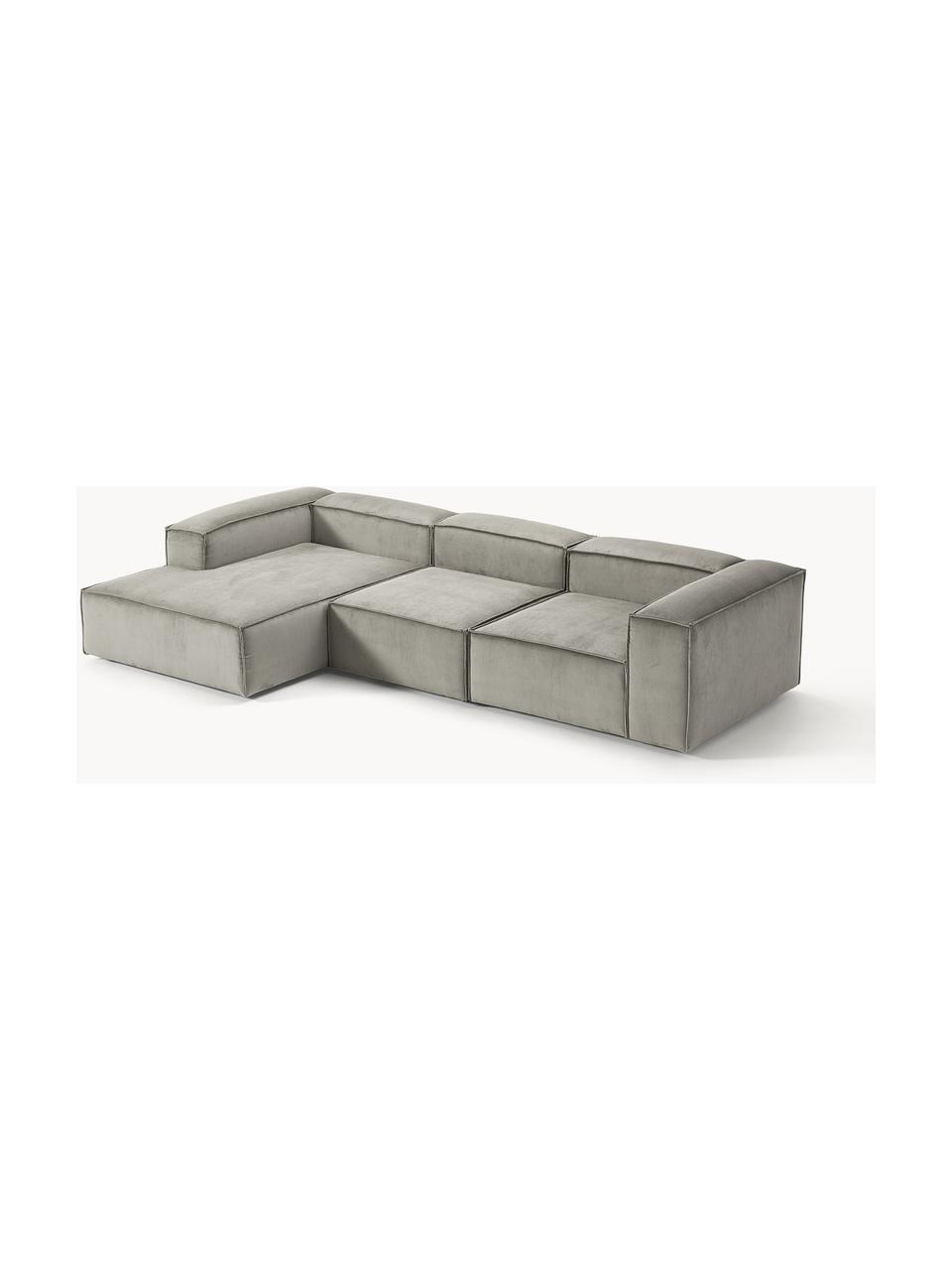 Sofá rinconera modular de pana Lennon, Tapizado: pana (92% poliéster, 8% p, Estructura: madera de pino maciza, ma, Patas: plástico Este producto es, Pana gris, An 327 x F 180 cm, chaise longue izquierda