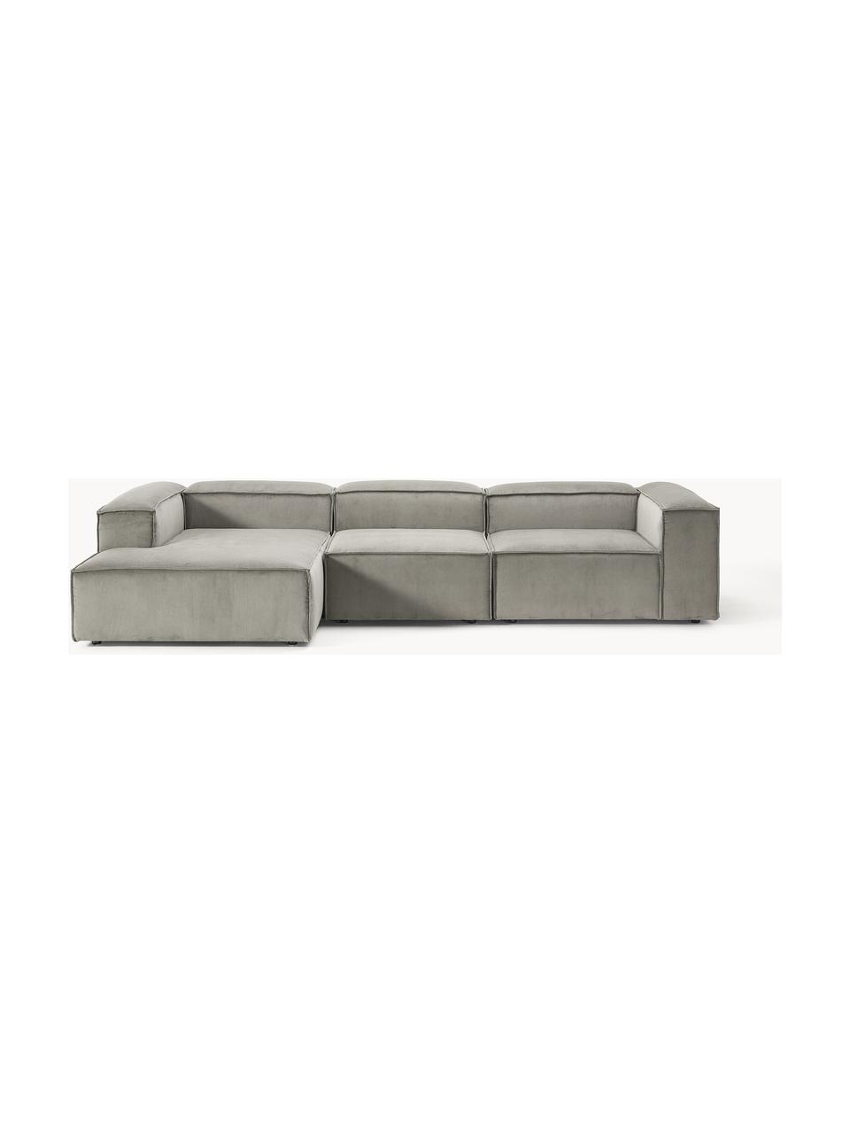 Sofá rinconera modular de pana Lennon, Tapizado: pana (92% poliéster, 8% p, Estructura: madera de pino maciza, ma, Patas: plástico Este producto es, Pana gris, An 327 x F 180 cm, chaise longue izquierda