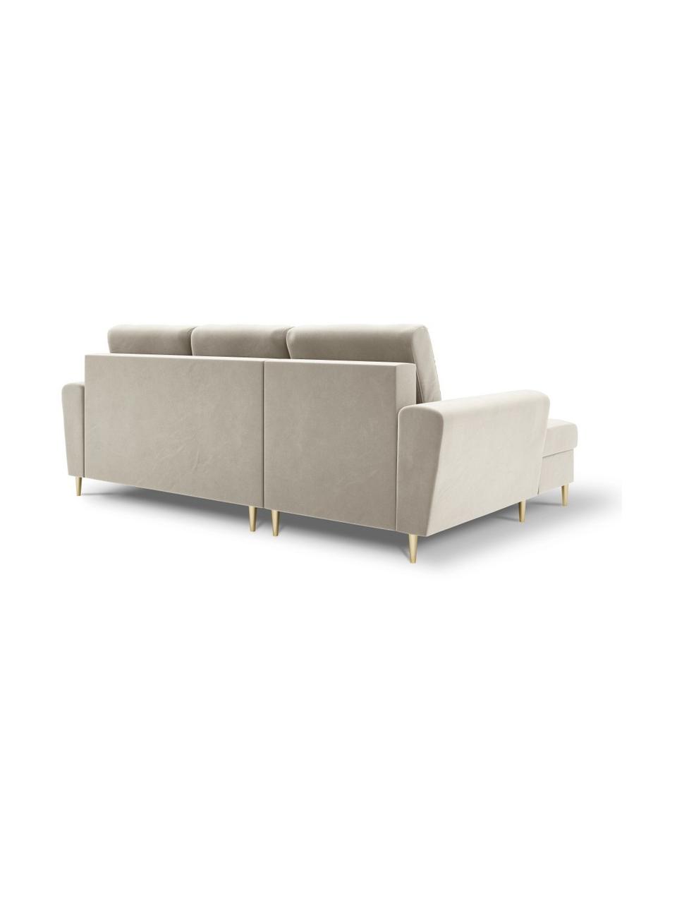 Canapé d'angle 4 places velours avec fonction lit et rangement Moghan, Velours beige, couleur laitonnée, larg. 241 x prof. 145 cm, méridienne à droite