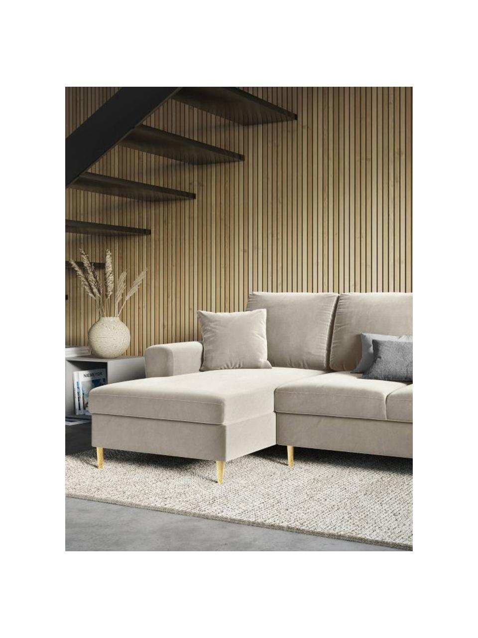 Fluwelen hoekbank Moghan (3-zits) met slaapfunctie en opbergruimte, Bekleding: 100% polyester fluweel He, Frame: massief grenenhout, spaan, Fluweel lichtbeige, B 241 x D 145 cm, hoekdeel rechts