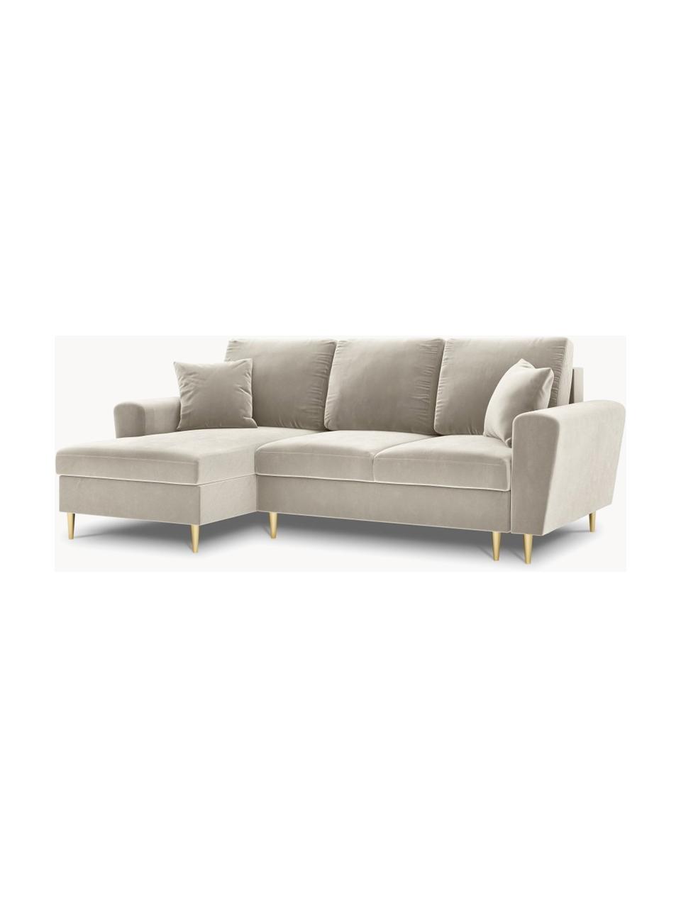 Canapé d'angle 3 places en velours avec fonction lit et rangement Moghan, Velours beige clair, larg. 241 x prof. 145 cm, méridienne à droite