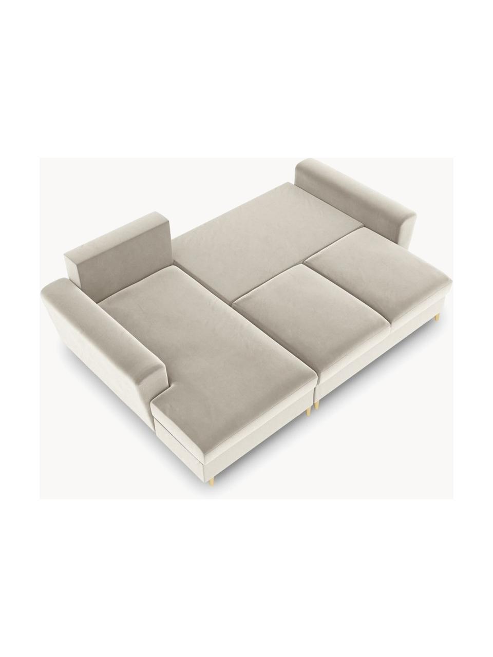 Fluwelen hoekbank Moghan (3-zits) met slaapfunctie en opbergruimte, Bekleding: 100% polyester fluweel He, Frame: massief grenenhout, spaan, Fluweel lichtbeige, B 241 x D 145 cm, hoekdeel rechts