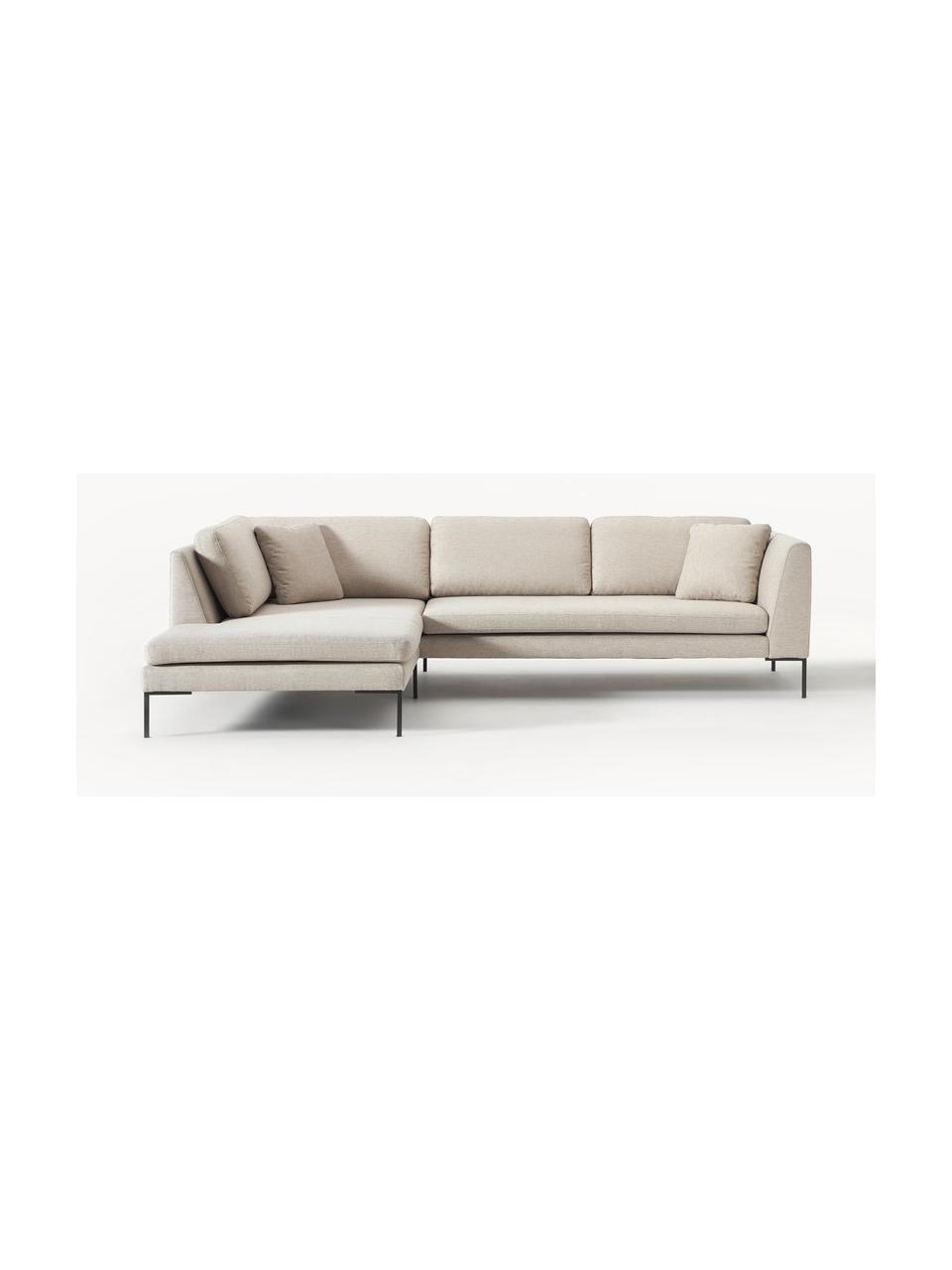 Sofa narożna z metalowymi nogami Emma, Tapicerka: poliester, Stelaż: lite drewno sosnowe z cer, Nogi: metal malowany proszkowo, Jasnobeżowa tkanina, S 302 x G 220 cm, lewostronna