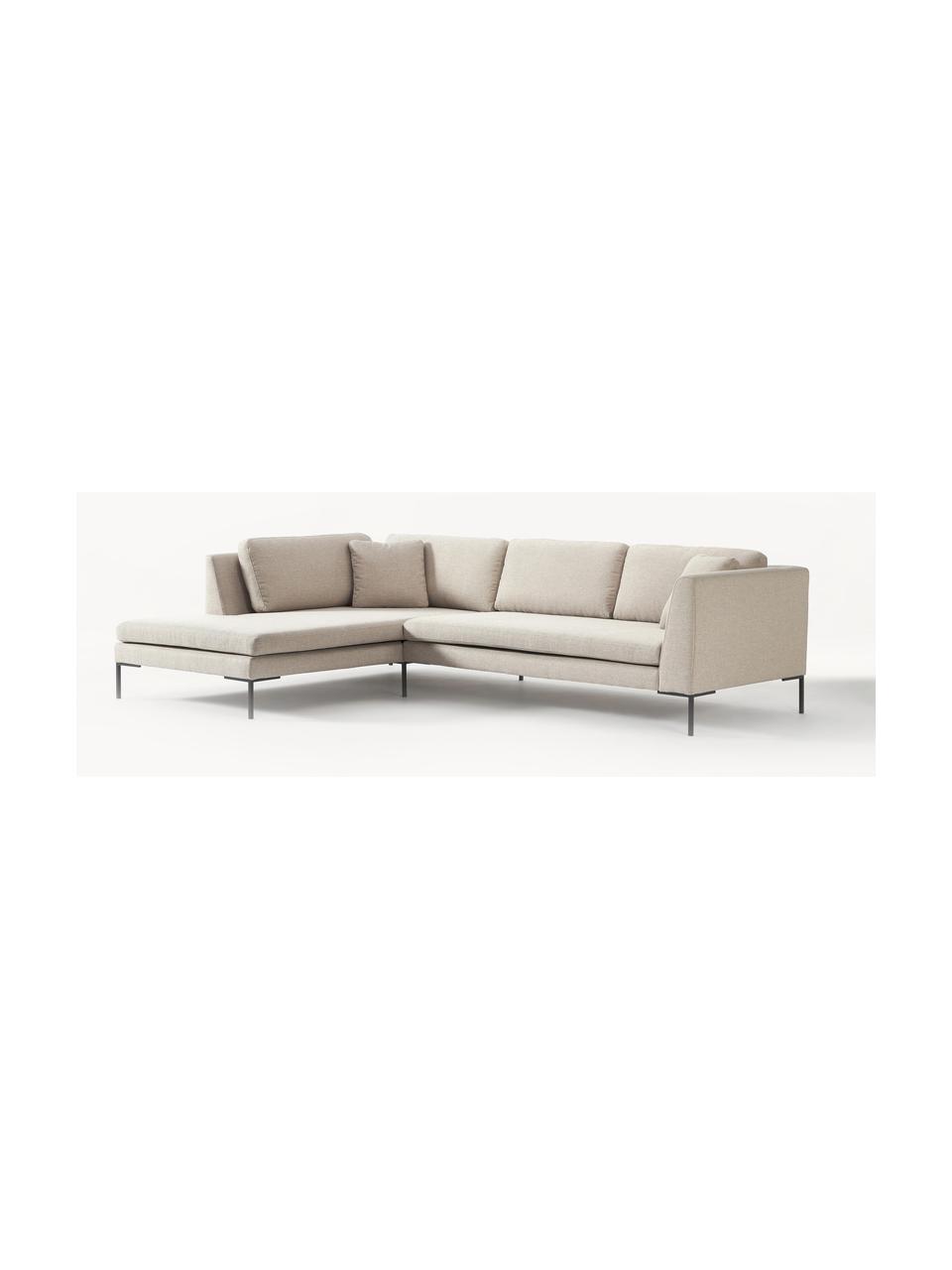 Hoekbank Emma met metalen poten, Bekleding: polyester, Frame: massief grenen, FSC-gecer, Poten: metaal, gepoedercoat, Geweven stof lichtbeige, B 302 x D 220 cm, hoekdeel links