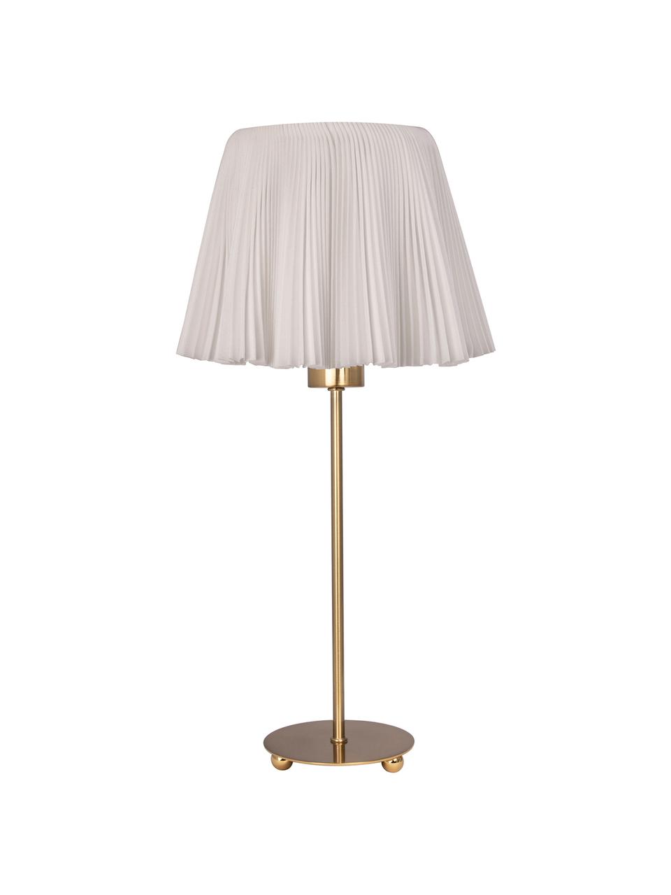 Grosse Tischlampe Edith aus Faltenstoff, Lampenschirm: Baumwolle, Offwhite, Messingfarben, Ø 20 x H 50 cm