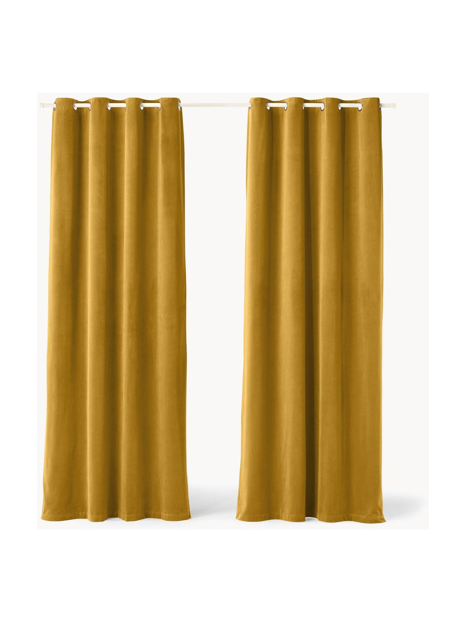 Rideaux occultants en velours avec œillets Rush, 2 pièces, 100% polyester (recyclé), certifié GRS, Jaune moutarde, larg. 135 x long. 260 cm