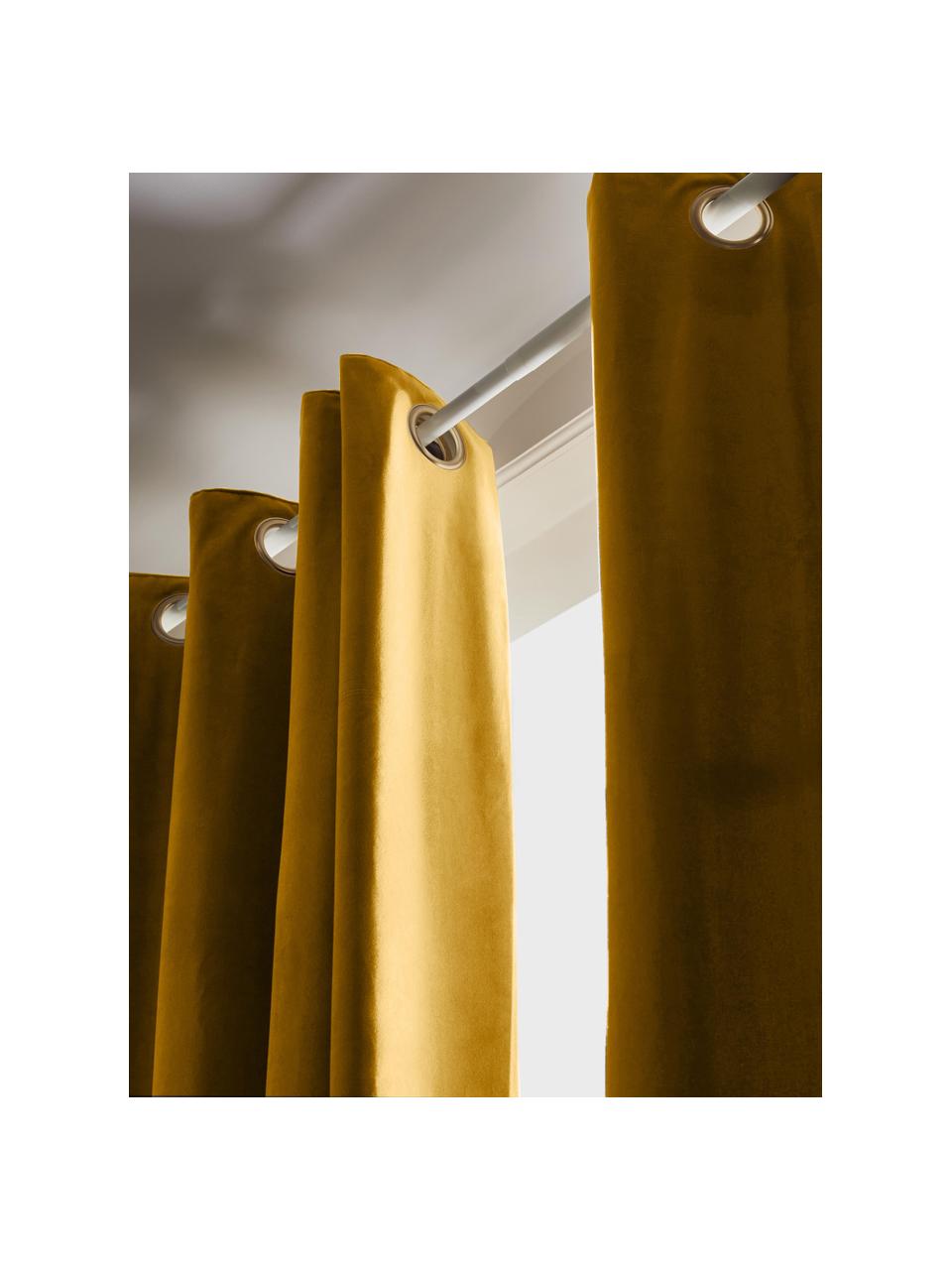 Rideaux occultants en velours avec œillets Rush, 2 pièces, 100% polyester (recyclé), certifié GRS, Jaune moutarde, larg. 135 x long. 260 cm