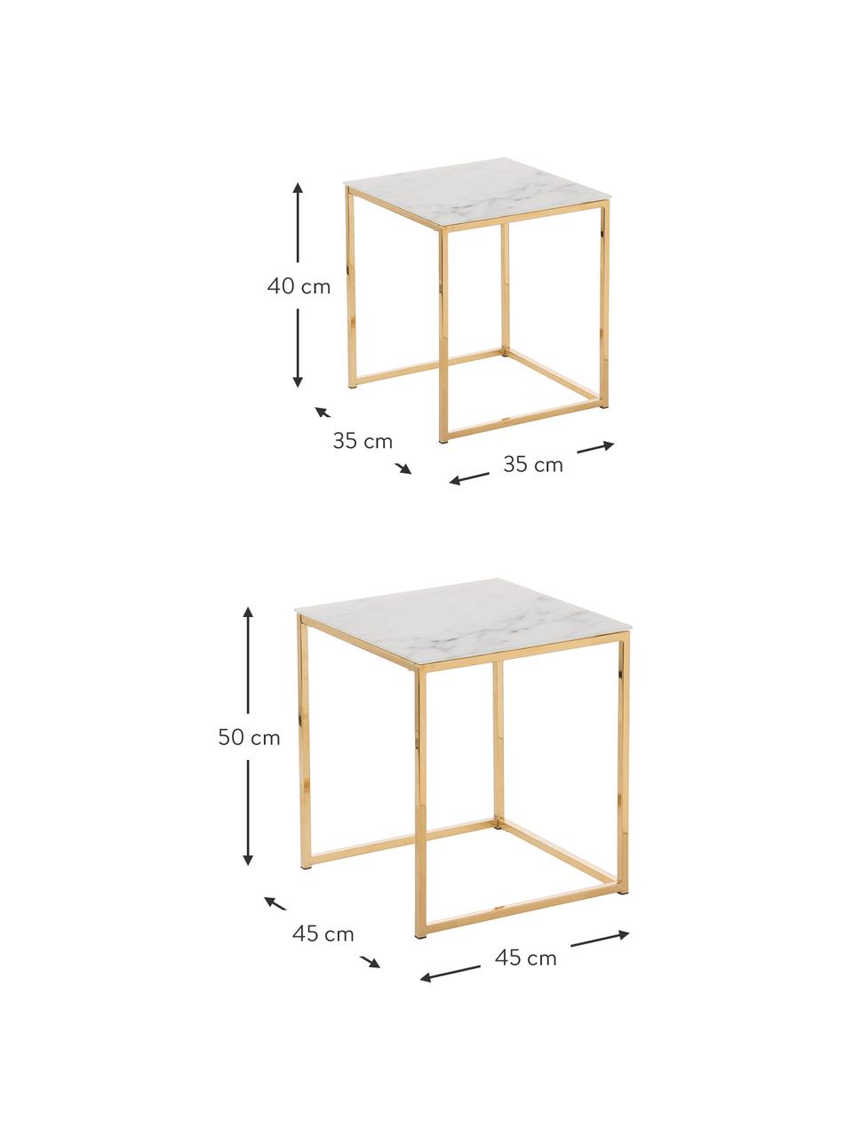 Set de mesas auxiliares Aruba, 2 pzas., tablero de cristal en aspecto mármol, Tablero: vidrio, Estructura: metal recubierto, Mármol blanco mate, dorado, Set de diferentes tamaños